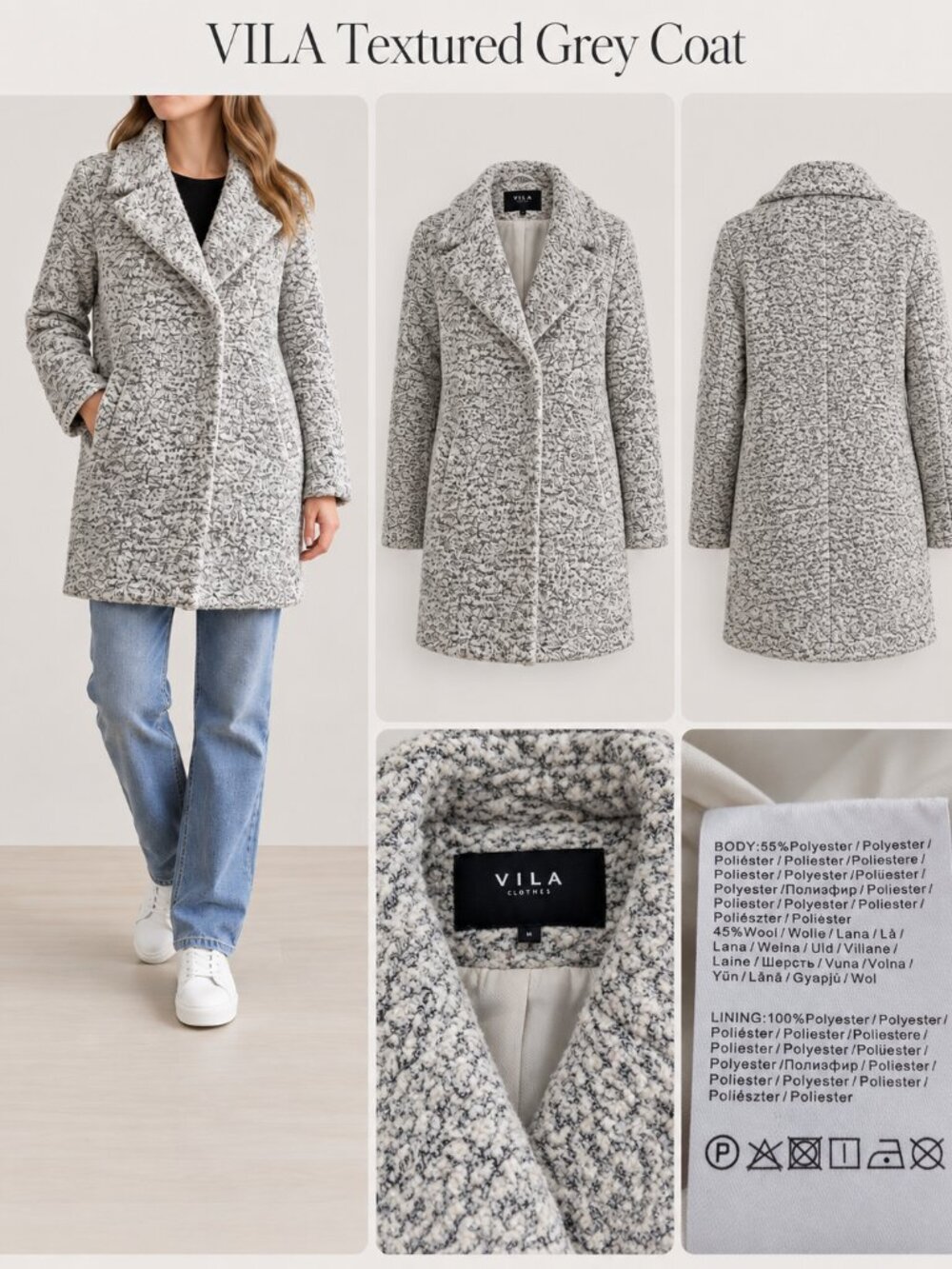 VILA Grey Bouclé Textured Wool Blend Coat – Size M